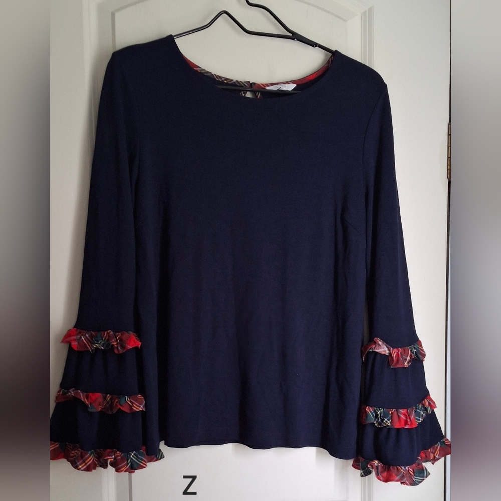 Crown & Ivy Womens Top Sz XL Blue Boat Neck Long Sleeve Plaid Ruffle Sleeves